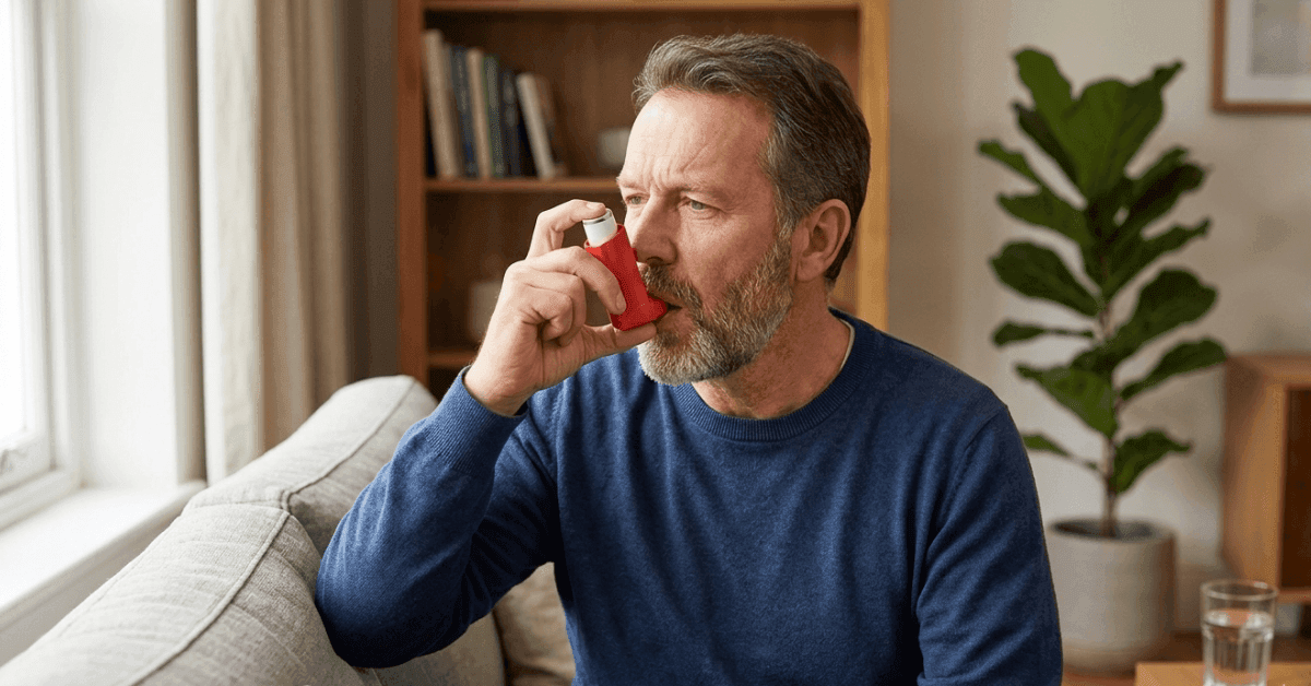 Middle-aged man using a red asthma inhaler at home