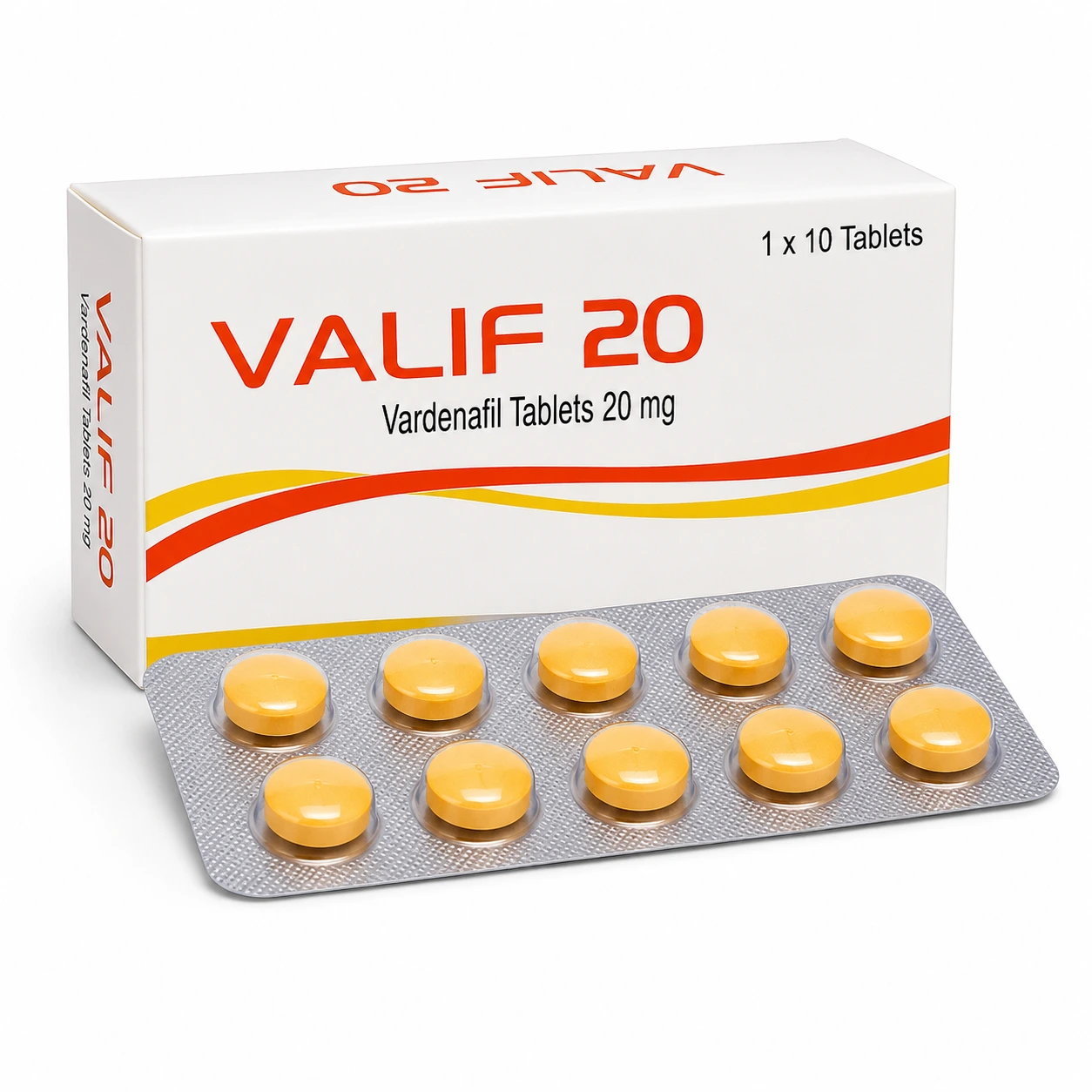 Valif 20 Vardenafil tablets 20mg, box and blister strip