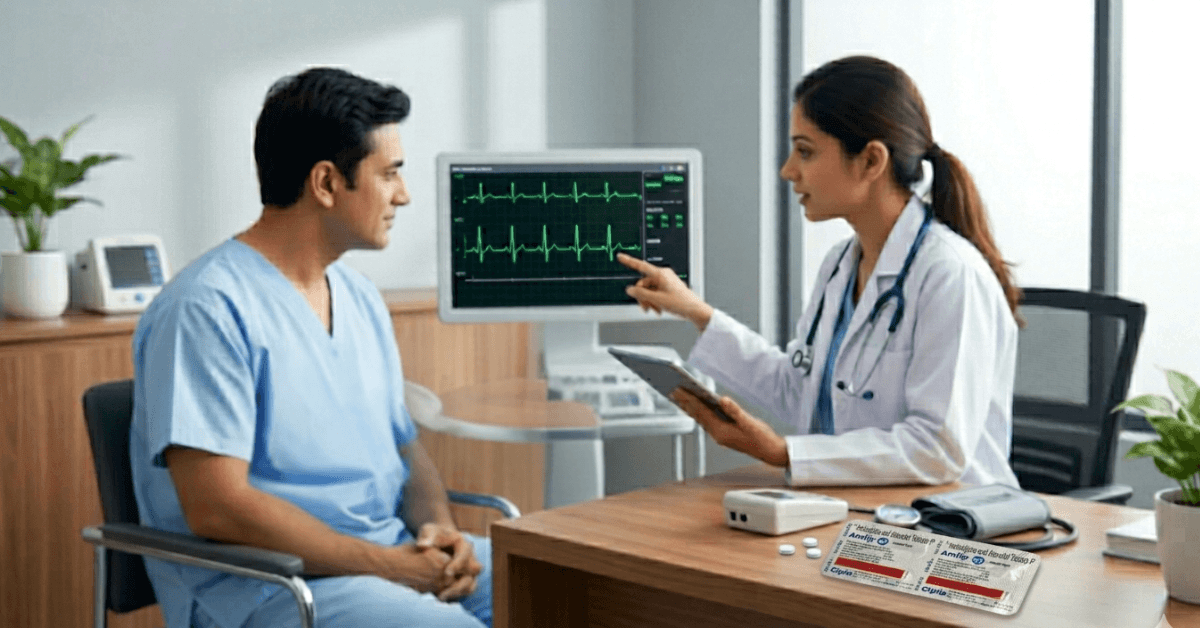 GP reviewing ECG monitor with patient whilst discussing Amlip AT amlodipine atenolol 5mg+50mg prescription