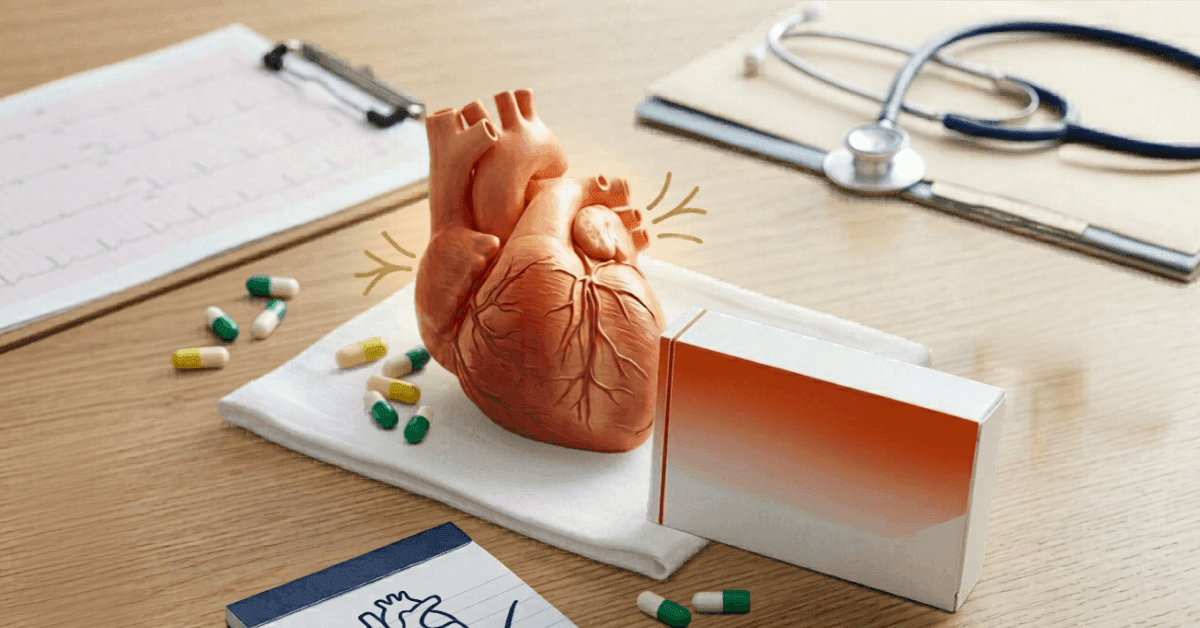 Heart model with Ecosprin Gold 10 capsules and stethoscope on doctor's desk
