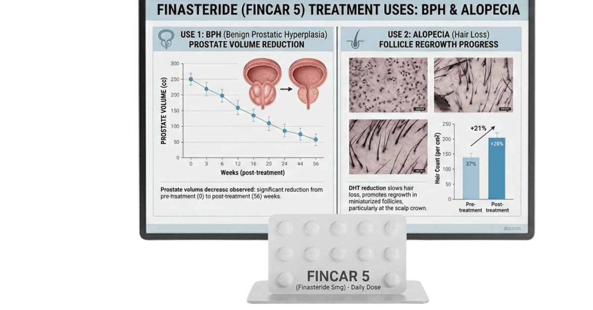 Fincar 5 Finasteride 5mg treatment uses chart showing prostate volume reduction in BPH and hair follicle regrowth progress in alopecia