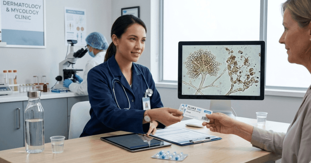 Doctor prescribing Fluka 150 Fluconazole 150mg to patient at dermatology and mycology clinic