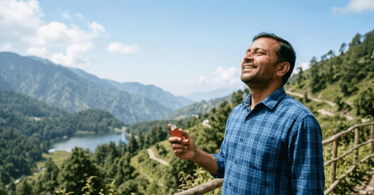 Man breathing freely outdoors holding Foracort 400 Budesonide Formoterol inhaler for asthma and COPD relief