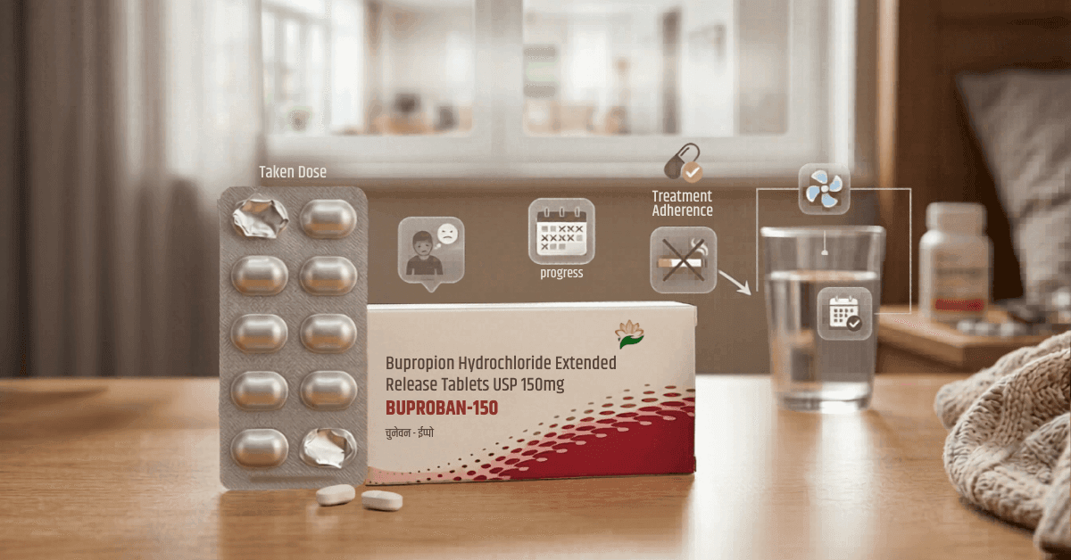 Buproban 150 Bupropion Hydrochloride 150mg extended release tablet for depression and smoking cessation treatment adherence