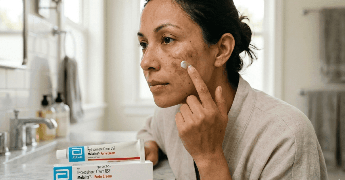 Woman applying Melalite Forte 4% hydroquinone cream to melasma on face