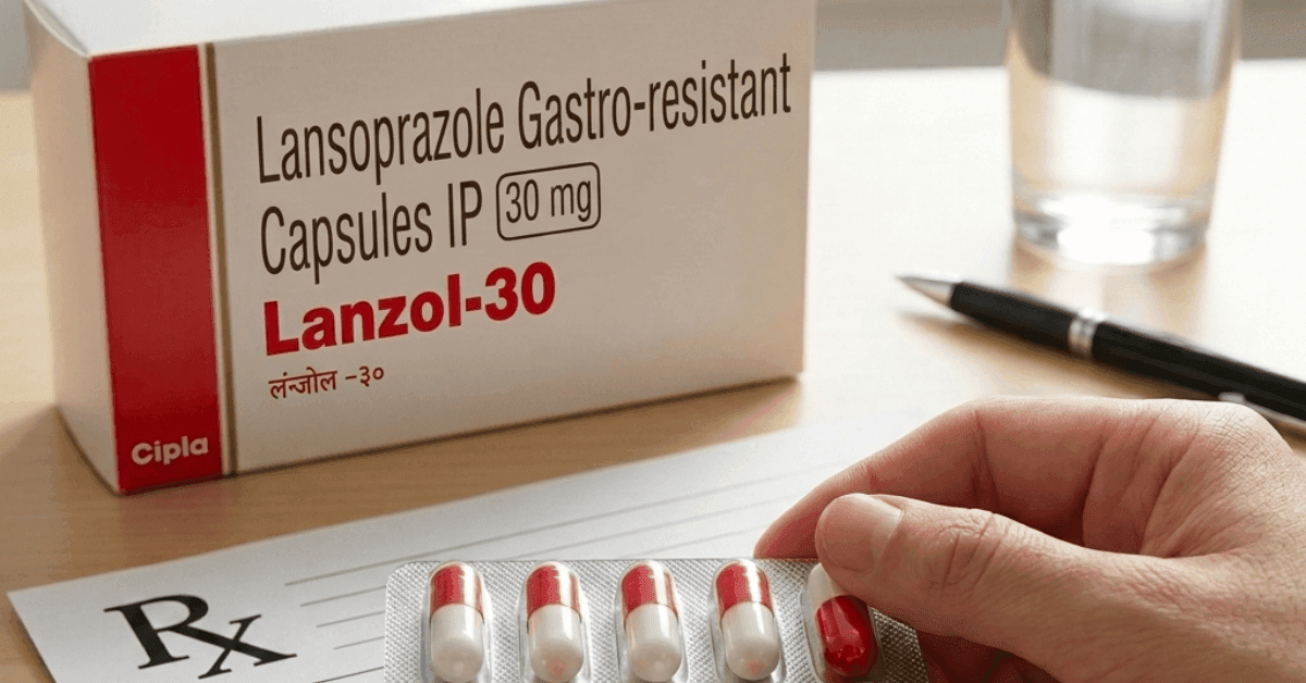 Lanzol 30 lansoprazole 30mg gastro-resistant capsules box by Cipla with blister pack and prescription pad