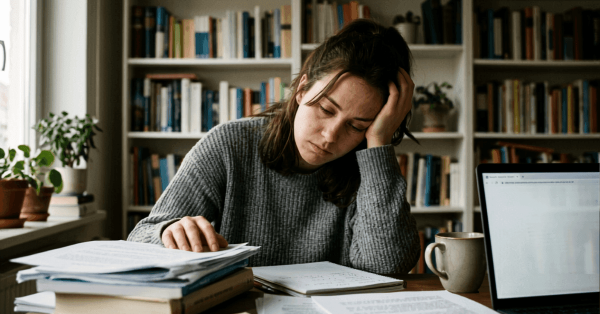 Exhausted woman reviewing paperwork at home office desk
