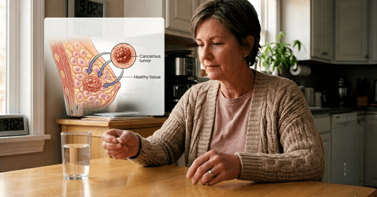 Woman taking Xtane tablet with breast cancer tumour diagram overlay
