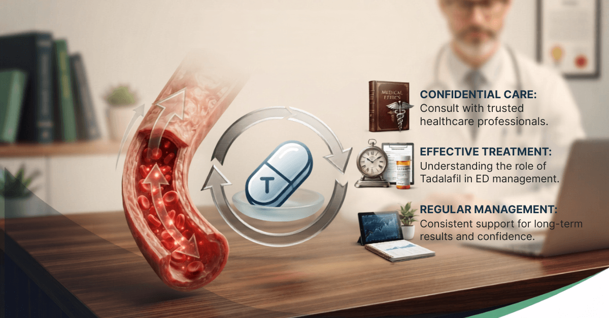 Doctor's desk with Tadalafil pill graphic showing blood flow, confidential ED care and treatment consultation
