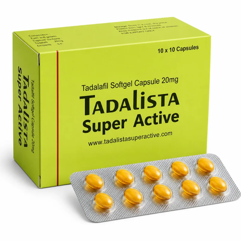 Box and blister pack of Tadalista Super Active 20mg Tadalafil softgel capsules.