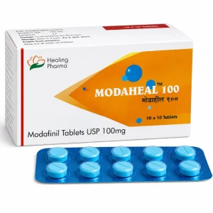 Modaheal 100 box and blister strip, Modafinil 100mg tablets by Healing Pharma
