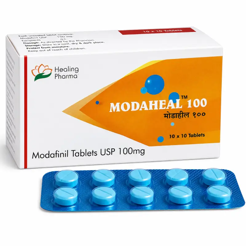 Modaheal 100 box and blister strip, Modafinil 100mg tablets by Healing Pharma