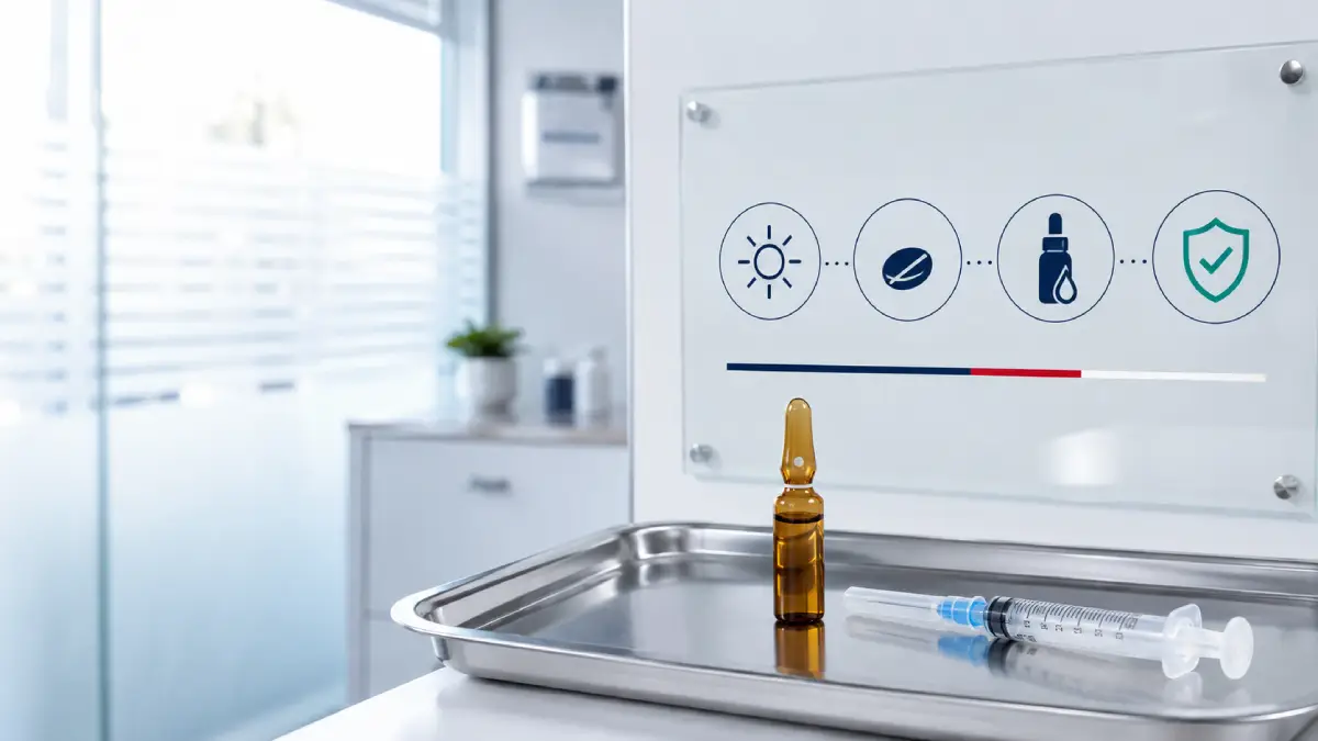 Vitamin D3 injection ampoule and syringe on a clinical tray in a doctor's office