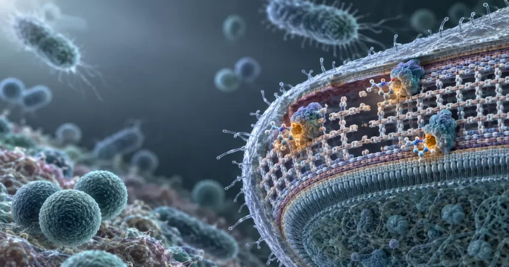 Illustration of amoxicillin molecules binding to bacterial cell wall structure