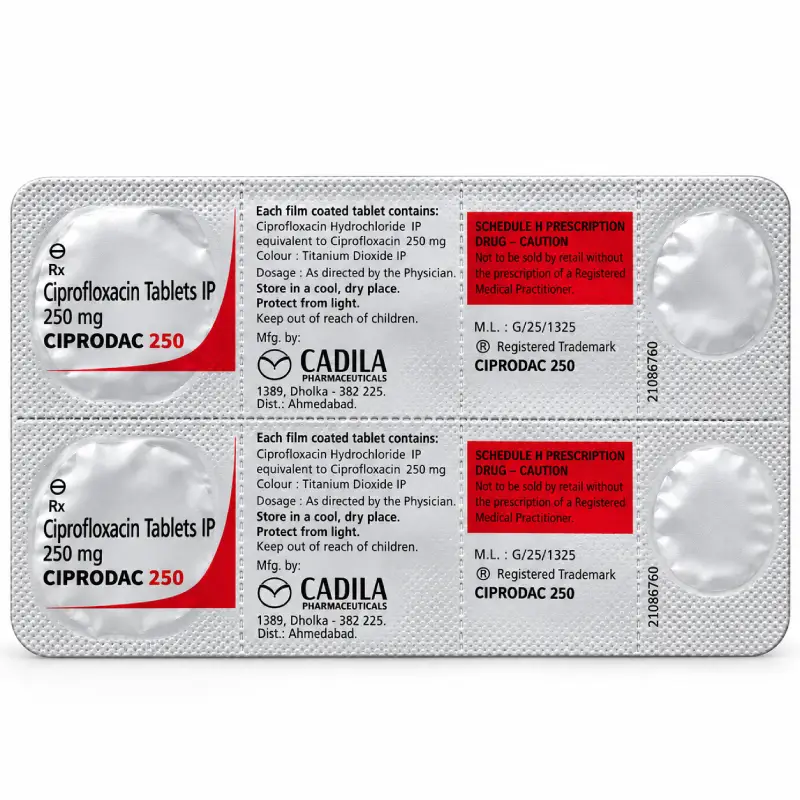 Blister pack of Ciprodac 250 Ciprofloxacin tablets by Cadila Pharmaceuticals with dosage and prescription details.