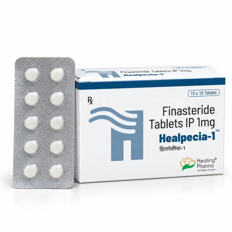 Healpecia-1 box and blister strip, Finasteride Tablets IP 1mg by Healing Pharma