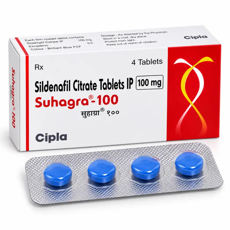 Suhagra-100 box and blister strip, Sildenafil Citrate Tablets 100mg by Cipla