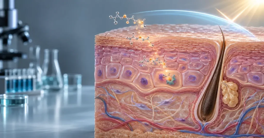 Cross-section of skin showing tretinoin molecules penetrating epidermal cell layers